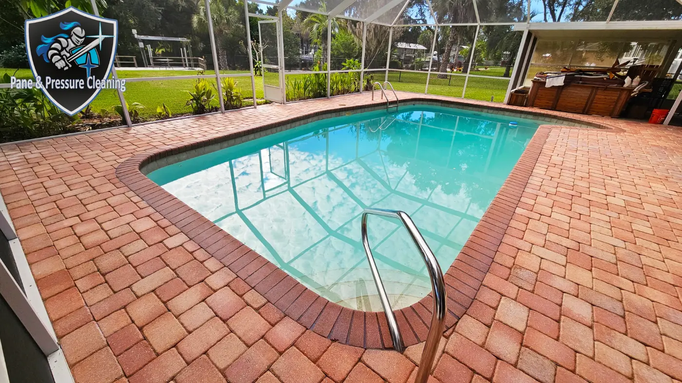 Before and after paver sealing process on concrete pavers and pool deck in Sugarmill Woods